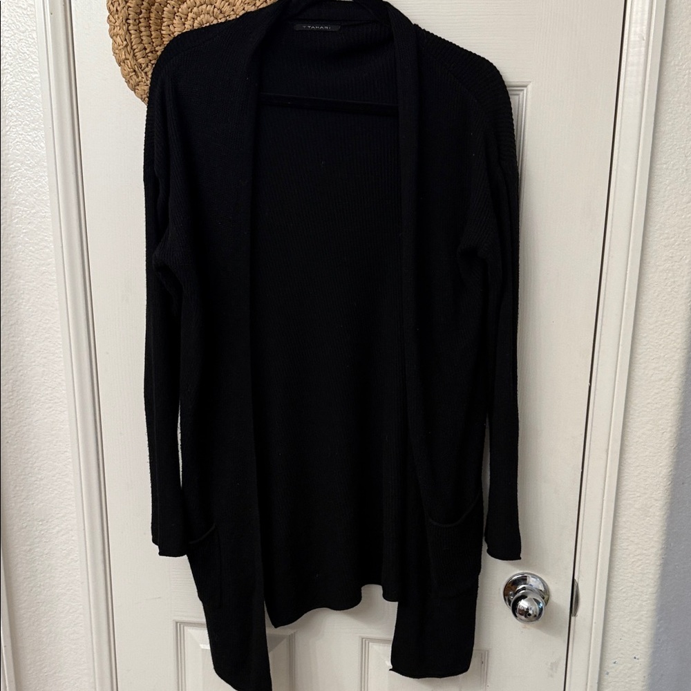 T Tahari Long black open cardigan